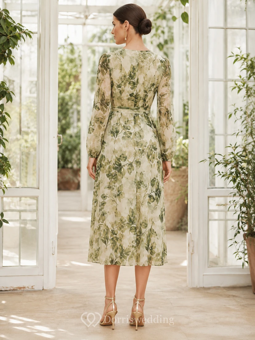 Vestido midi ajustado de manga larga con estampado de follaje verde view 2