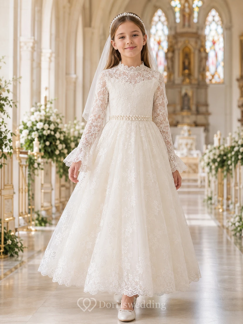 Festliches Kommunionskleid mit hohem Kragen, langen Ärmeln und Spitze, Blumenmädchenkleid für die Kirche