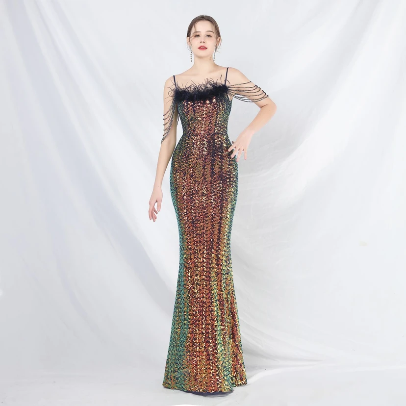 Craft Beaded Ostrich Feather Fantasy Sequined Long Evening Dress view 47