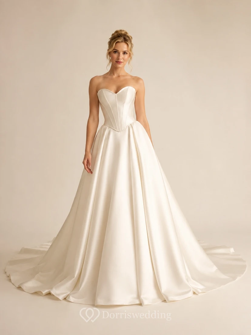 Vestido de novia sencillo sin tirantes, de corte A, con cintura en forma de U y estilo vasco.