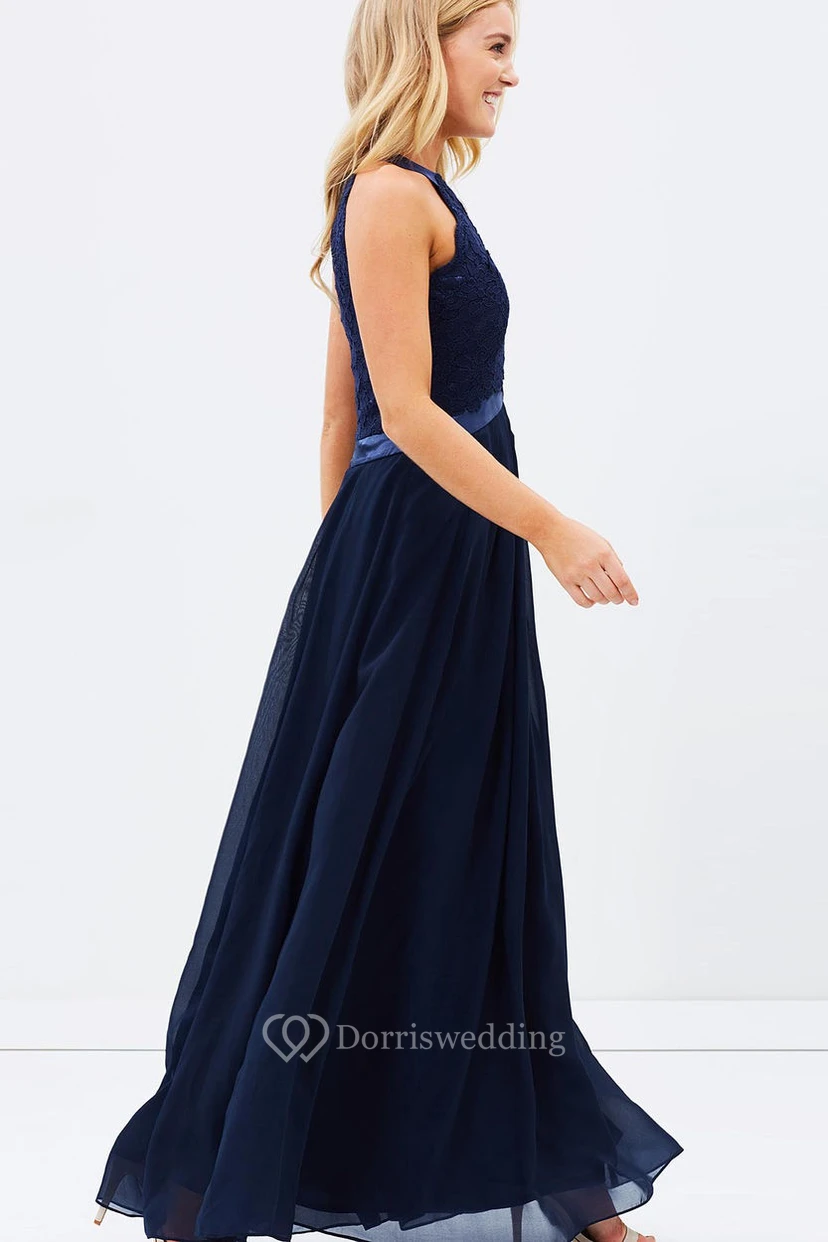 A-Line Appliqued Sleeveless Ankle-Length Scoop Chiffon Blue Bridesmaid Dress With Zipper Back And Pleats view 3