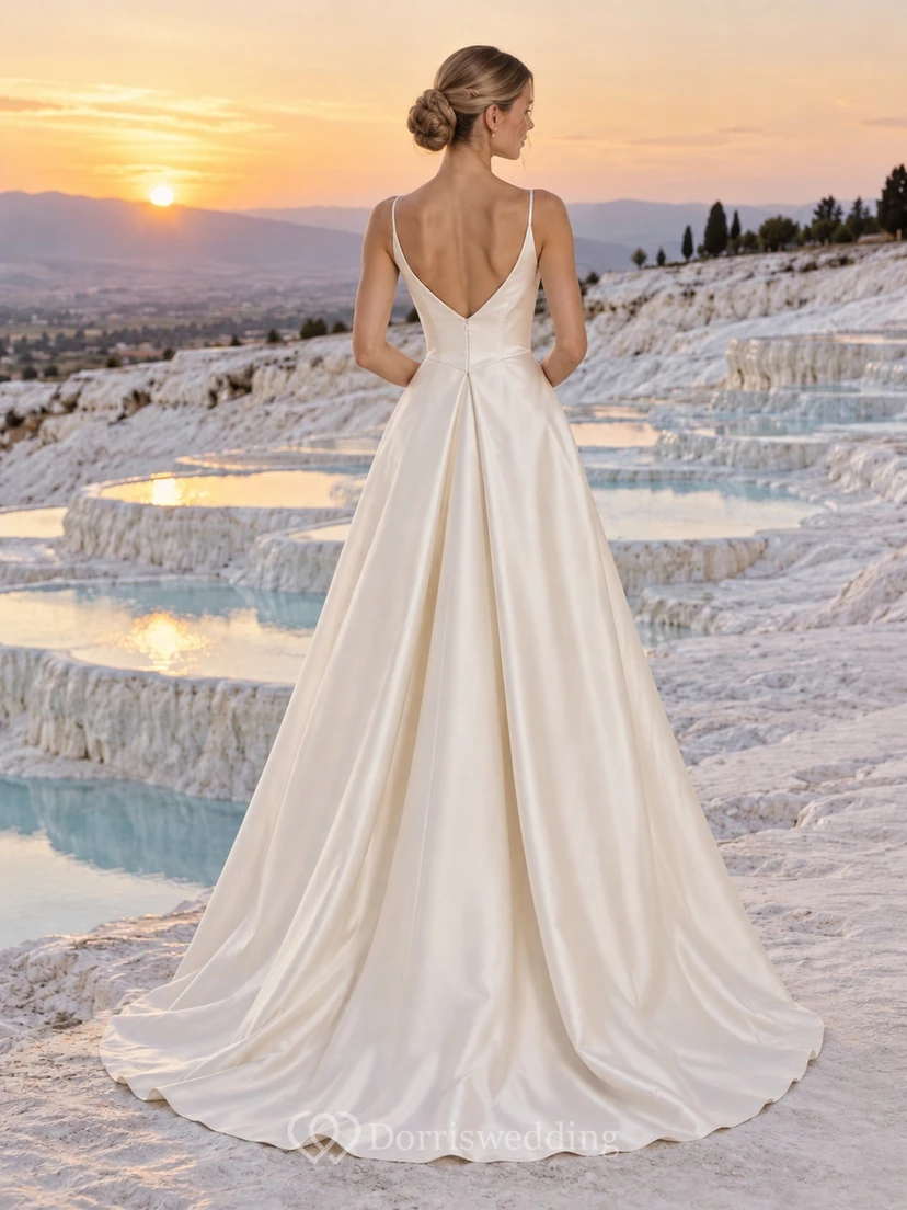 Vestido de novia sencillo de corte A con escote en V y pliegues de satén, con cola. view 2
