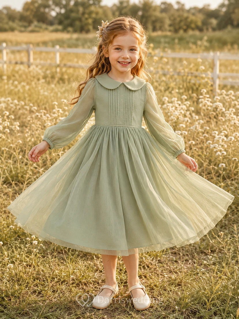 Salbeigrünes Vintage-Kleid in Teelänge, A-Linie, Tüll, lange Ärmel, Puffärmel, Blumenmädchen-Gartenkleid
