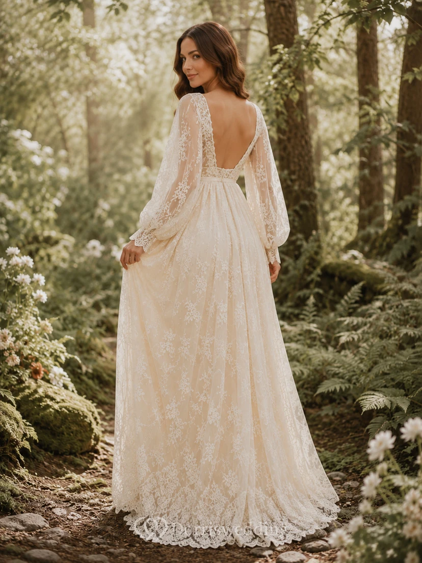 Maternity Wedding Dress Square Neck Long Lace Sleeve Vintage Bridal Gown view 2