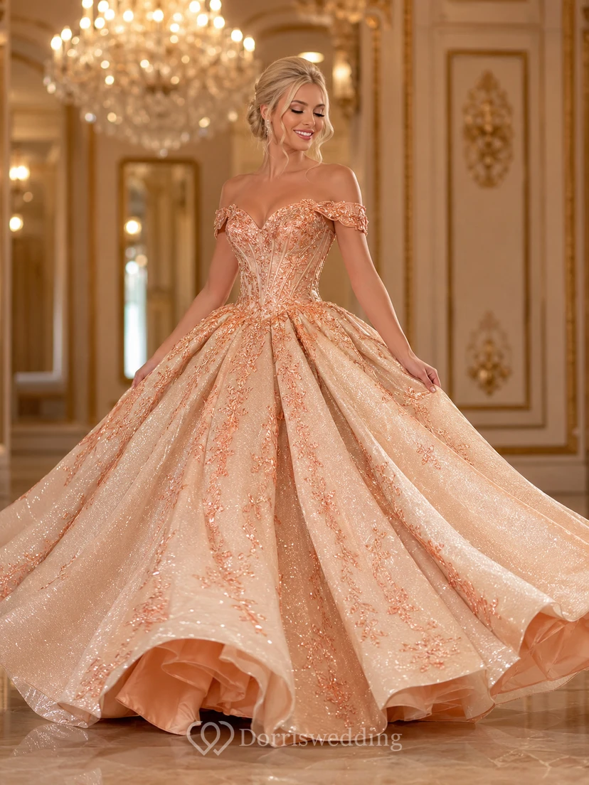 Robe de bal de princesse pêche champagne luxueuse à épaules dénudées, asymétrique et pailletée, idéale pour les 16 ans.