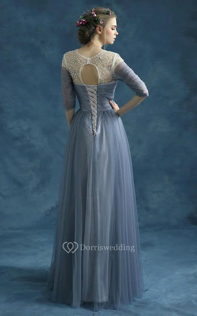 A-Linien-Kleid aus halben Ärmeln, langem, drapiertem Tüll mit Perlenstickerei view 2