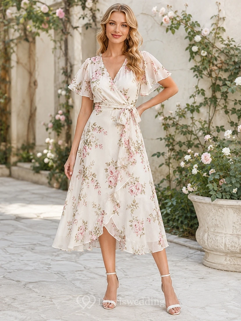 Teelanges, elfenbeinfarbenes Wickelkleid mit Blumenmuster, V-Ausschnitt, flatternden Ärmeln und A-Linien-Schnitt