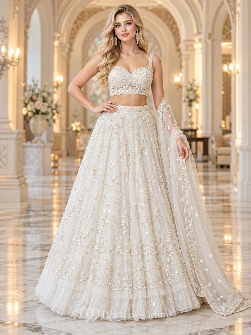 Two Piece Ivory Sweetheart Beaded Tulle Full Skirt Party Lehenga