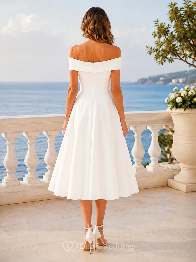 White Chiffon Off-the-Shoulder Short-Sleeve Romantic Tea-Length Formal Dress view 2