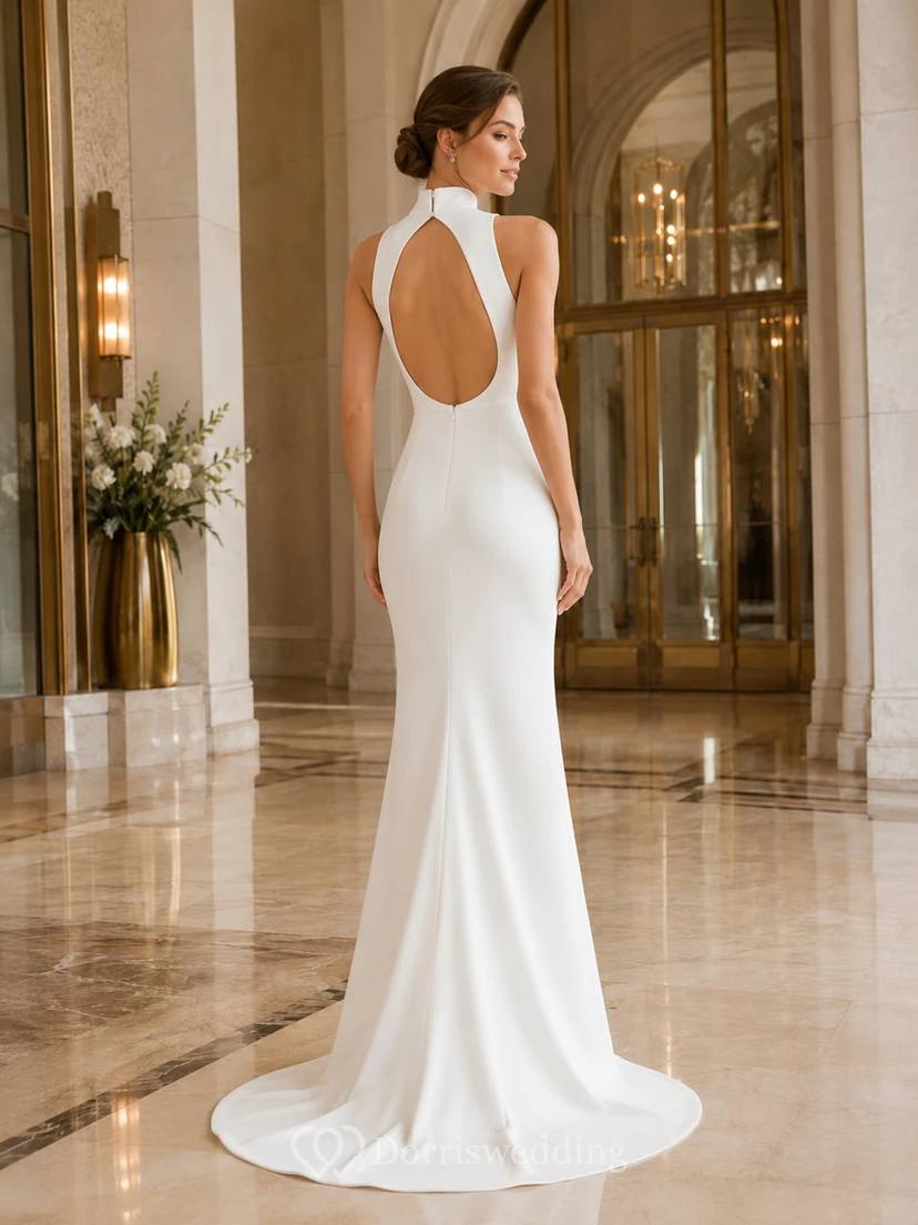 Vestido de novia de crepé de cuello alto y espalda descubierta para salón de baile view 2