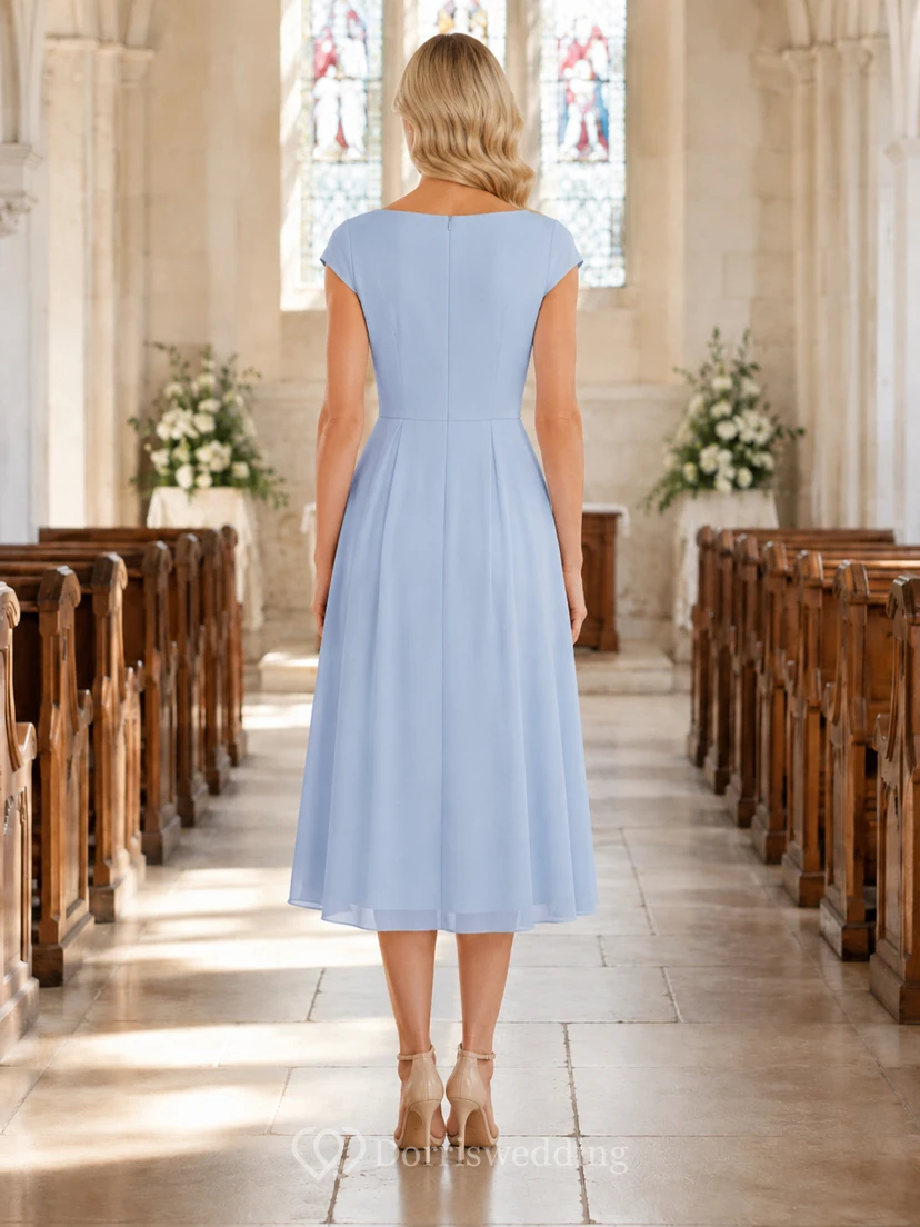 Powder Blue Cap Sleeve A Line Communion Guest Midi Dress view 2