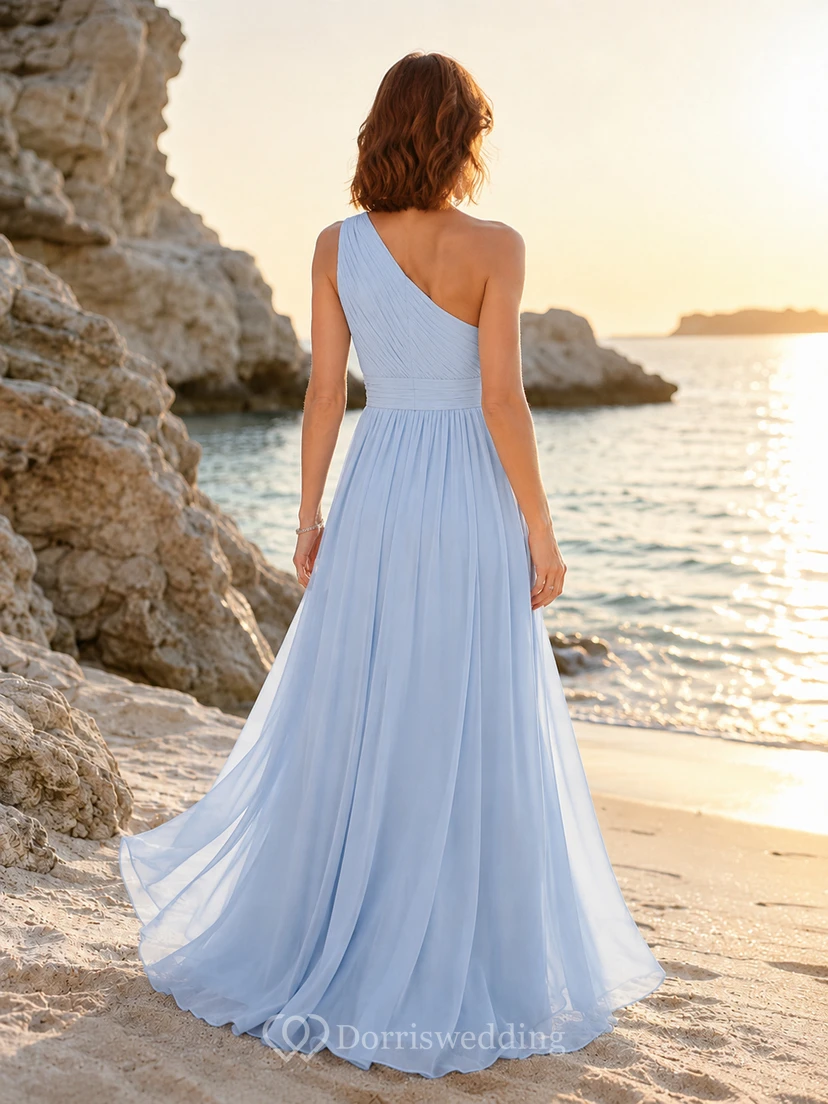 Light blue one shoulder chiffon beach guest maxi dress view 2