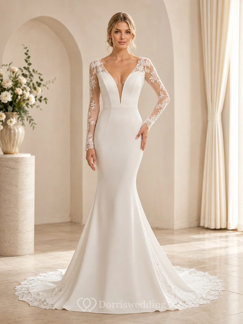 Robe de mariée sirène à manches longues en dentelle, col en V et dos illusion, style chapelle