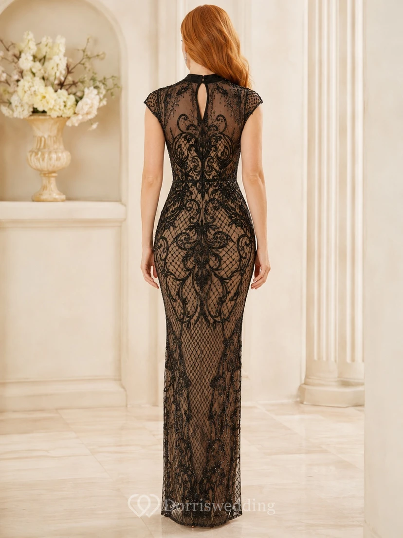 Black Nude High Neck Short Sleeve Lace Sheath Floor-length Formal Dress view 2
