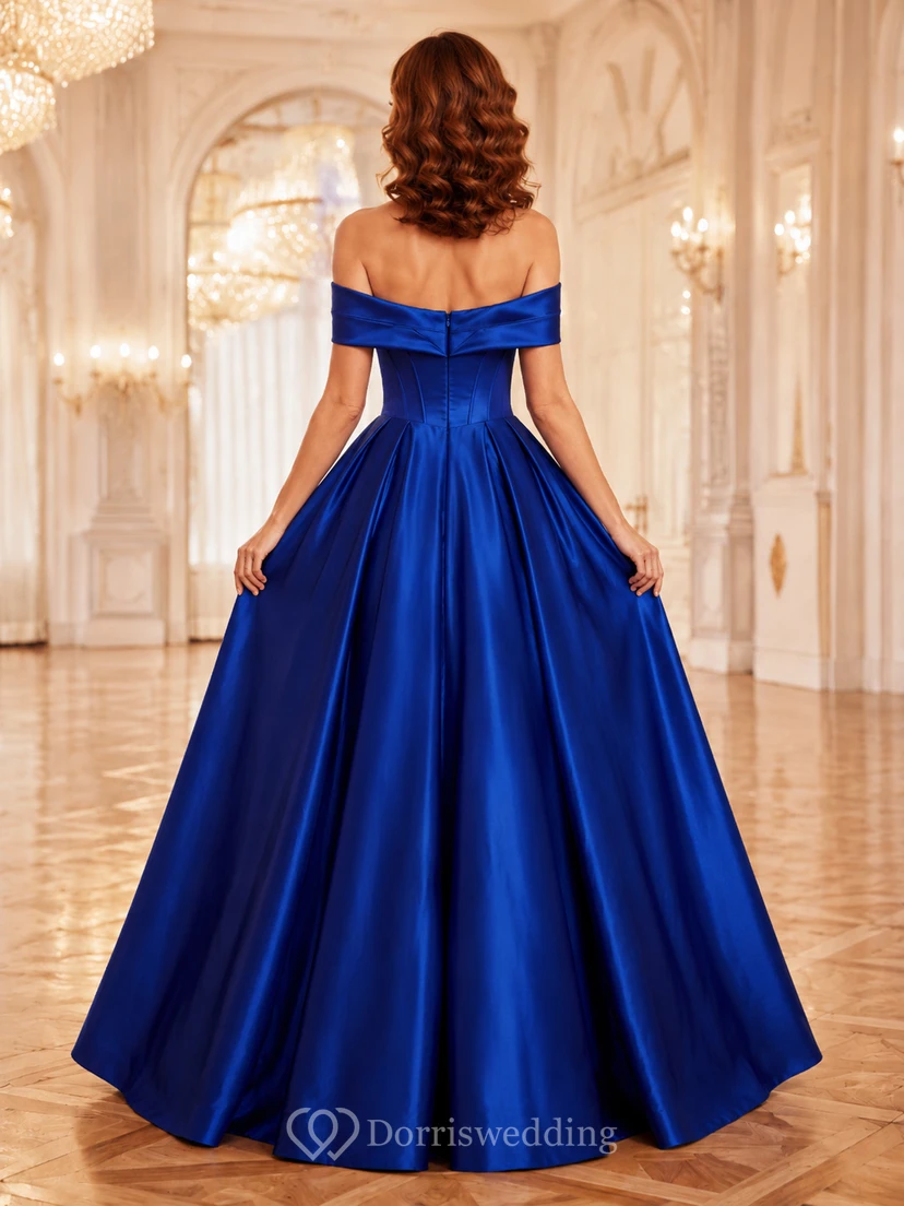 Royal blue off shoulder satin ball gown with full skirt view 2