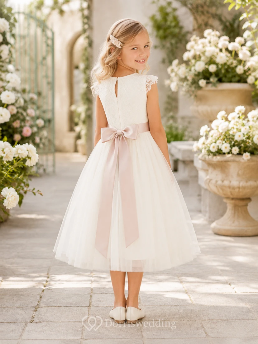 Flower Girl Dress A-Line Cream Soft Lined Tulle Bow Cap Shoulder Formal view 2