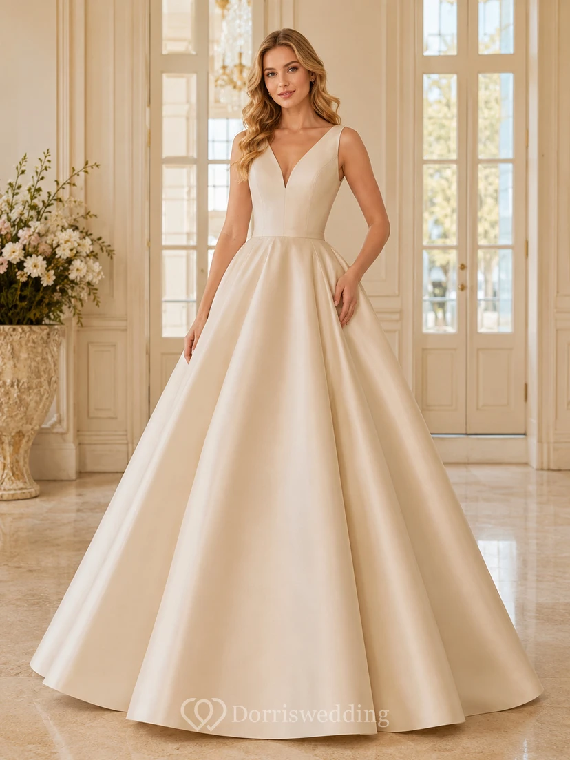 Champagne Minimalist Deep V Neck Strap Clean Mikado Quinceanera A-Line Formal Gown