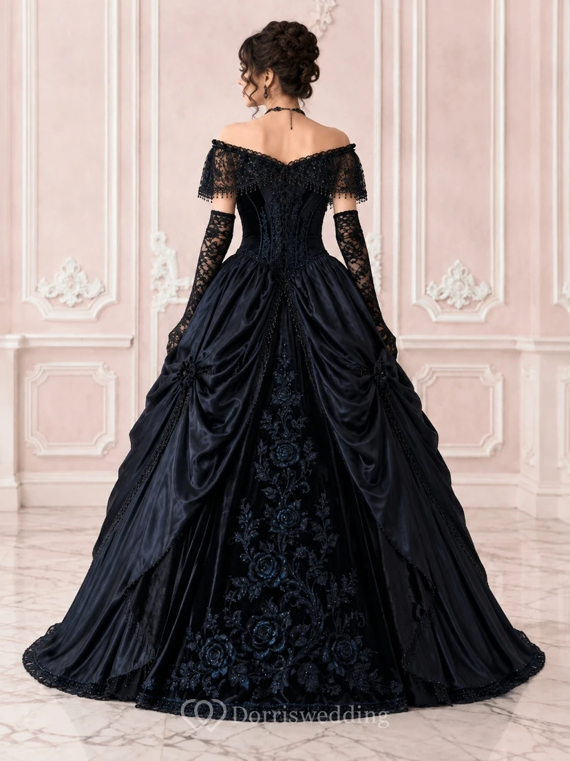Schwarzes schulterfreies, drapiertes Jacquard-Ballkleid im Gothic-Stil view 2