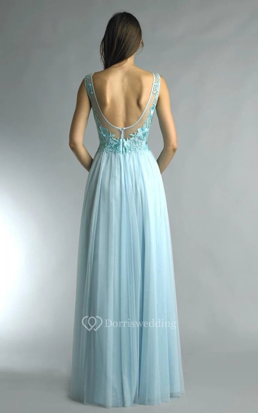 A-line Floor-length Jewel Sleeveless Tulle Low-V Back Dress view 11