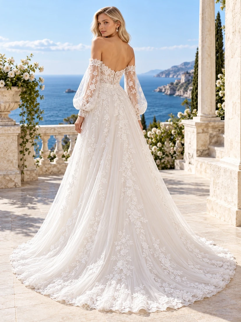 Off Shoulder Balloon Sleeve Draped Floral Tulle A-line Wedding Dress view 2