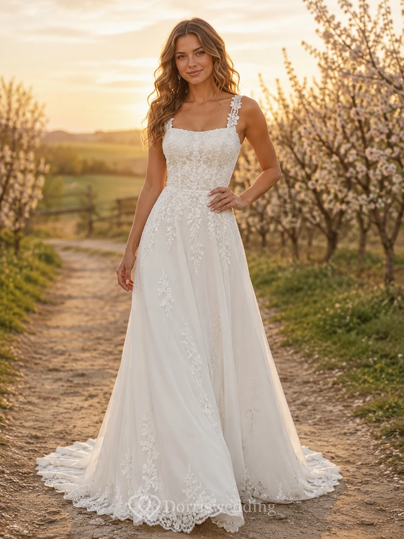 Rustic Square Strap Floral Lace A Line Sweep Train Wedding Dress