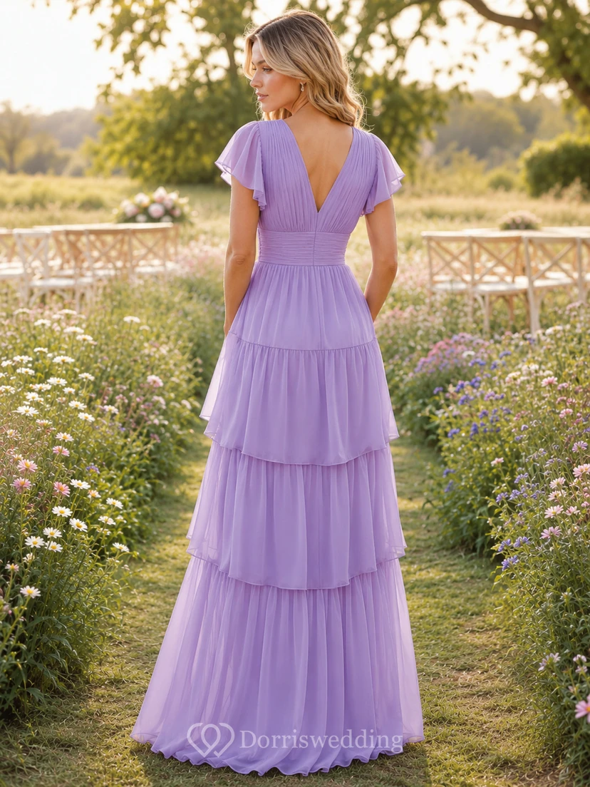 Lilac V Neck Flutter Sleeve Tiered Chiffon Maxi Guest Dress view 2