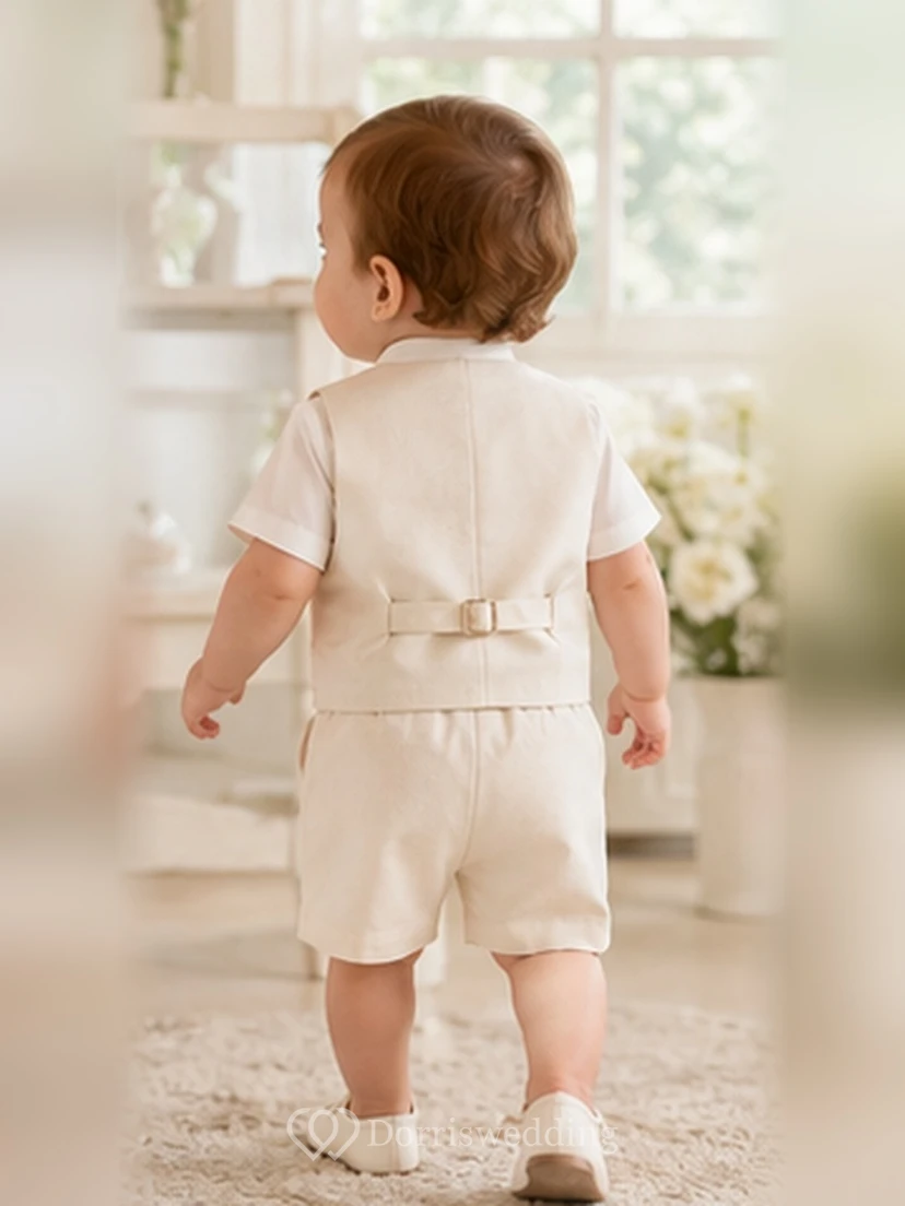 Cream Button Vest Bow Tie Short Baptism Suit Set for Baby Boy view 2