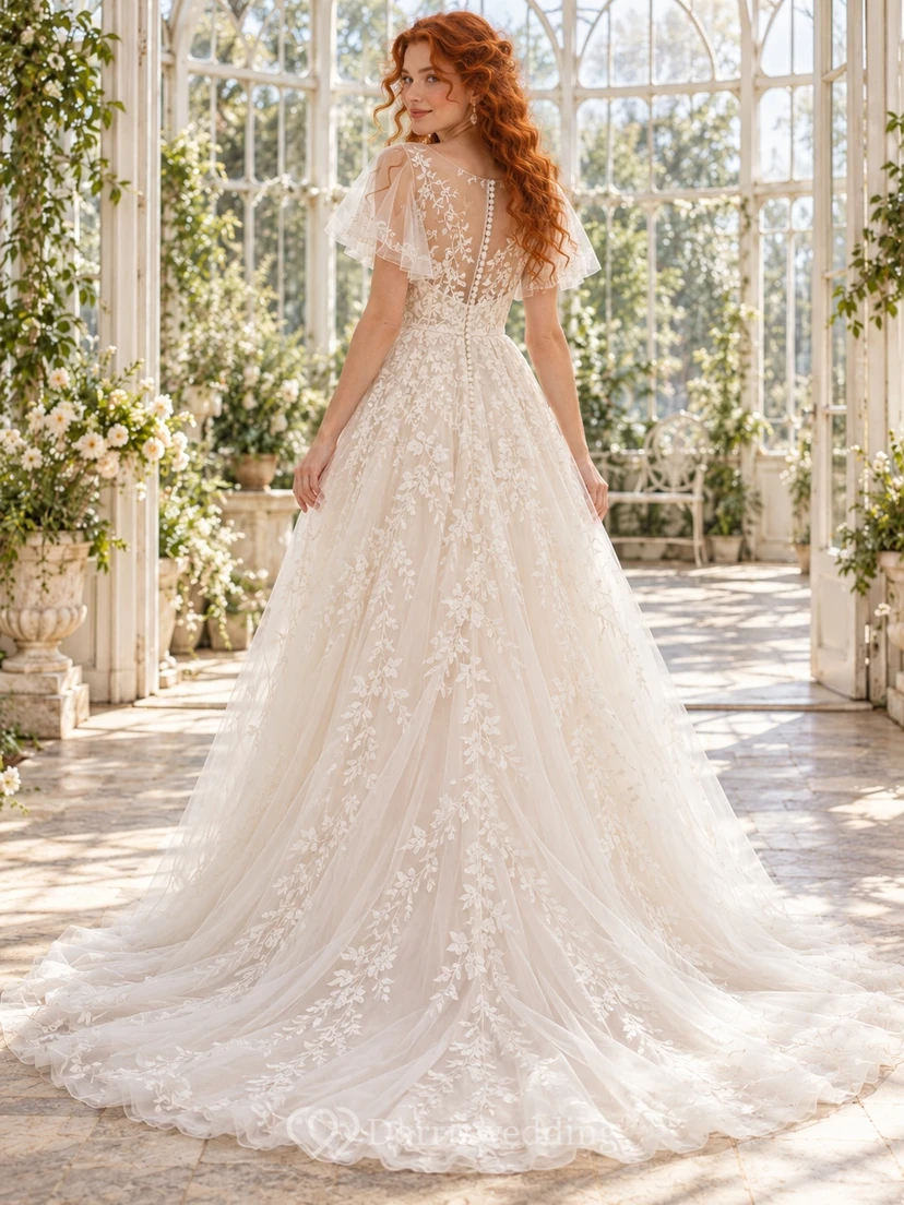 Romantic Flutter Sleeve Floral Lace Illusion Neck A-line Bridal Wedding Dress view 2