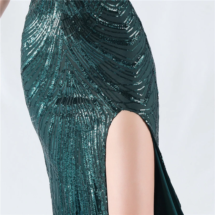Positioning Flower Beaded Craft Beaded One-Shoulder Oblique Collar High Slit Evening Dress view 39