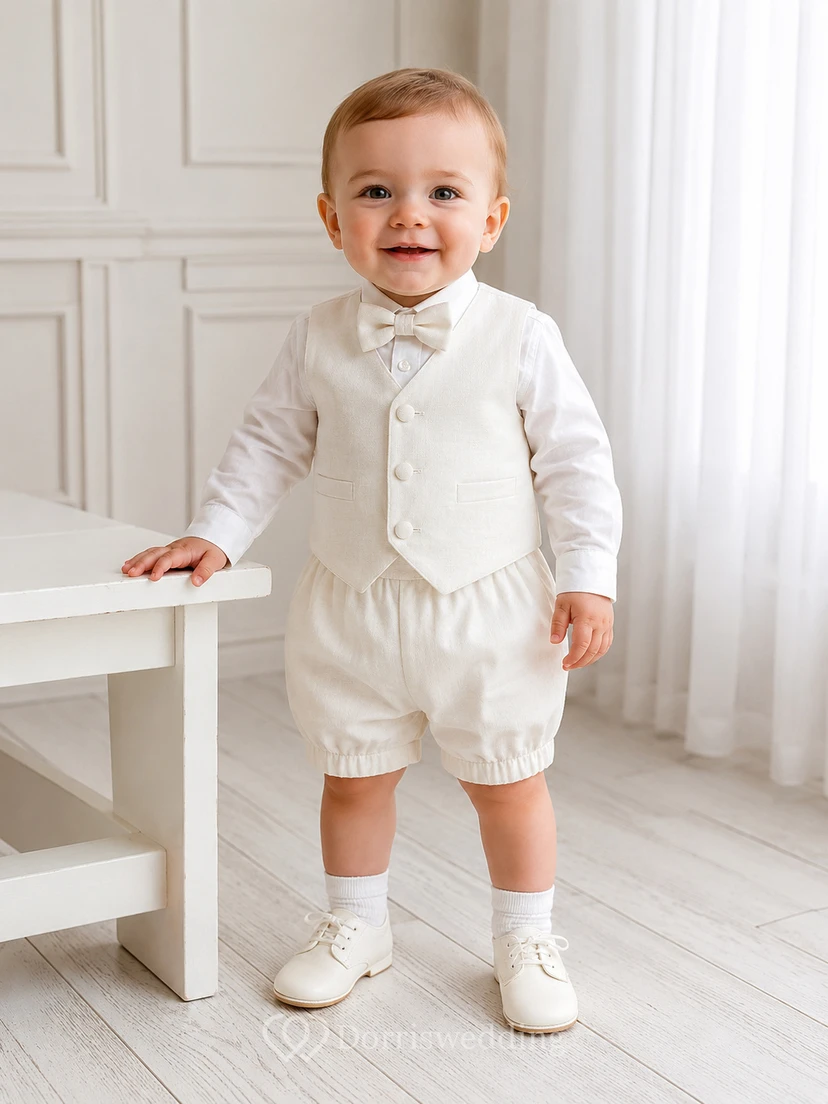 Traje de bautizo para bebé niño, color marfil, chaleco abotonado, manga larga, pantalón corto tipo burbuja.
