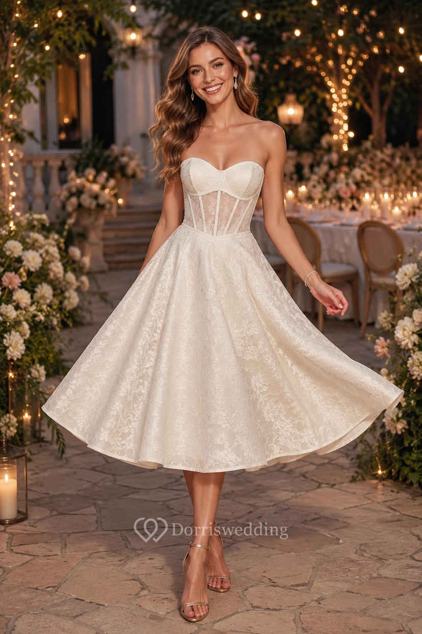 Robe de mariée bustier en tulle et dentelle, longueur thé, avec corsage corset