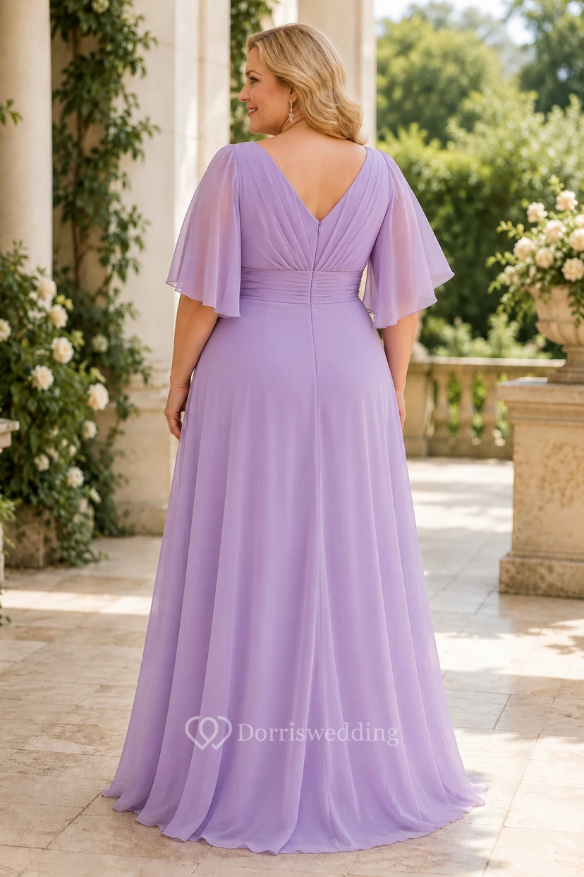 Lavendelfarbenes Chiffon-Kleid in A-Linie mit V-Ausschnitt in Übergröße für Mütter view 2