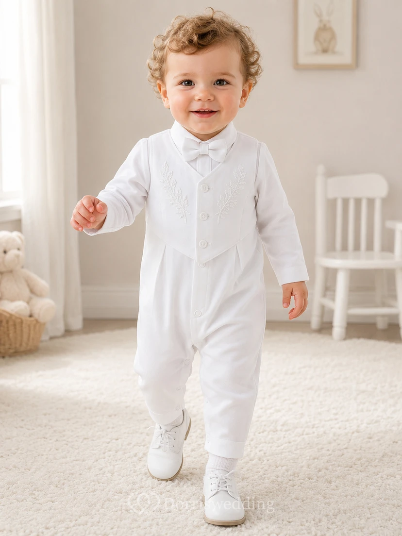 Body blanco de manga larga con botones delanteros, sin pies, para bautizo de bebé niño.