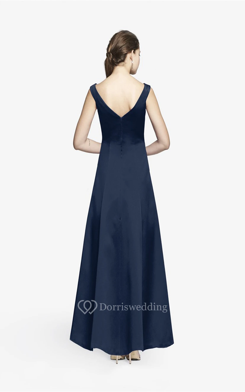 Simple V-neckline Floor-length Satin Dress With Cap Sleeves view 2