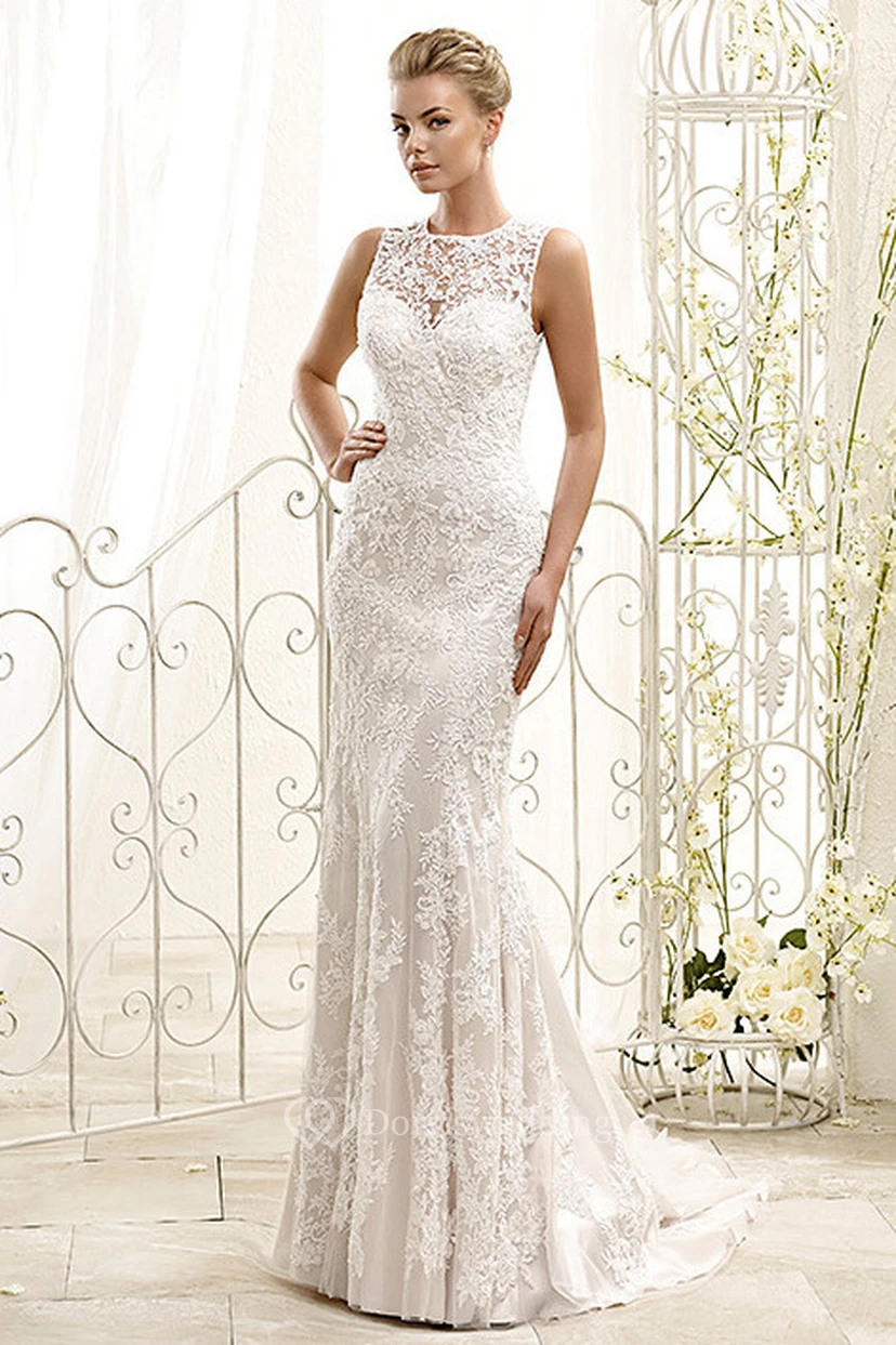 Sheath Long-Sleeveless High Neck Lace Wedding Dress With Appliques And Illusion