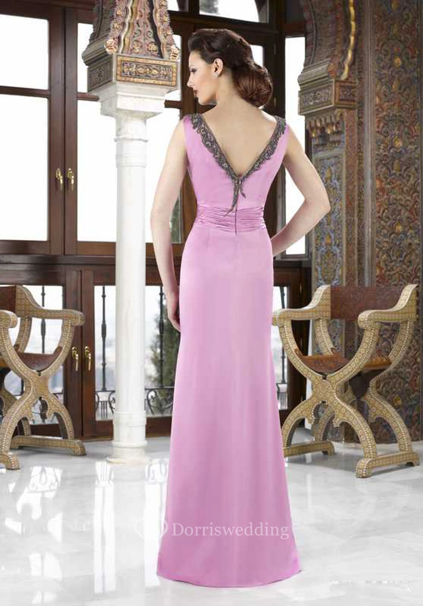 Robe longue fendue sur le devant, col rond en satin, pour la mère de la mariée, avec cape et perles view 2