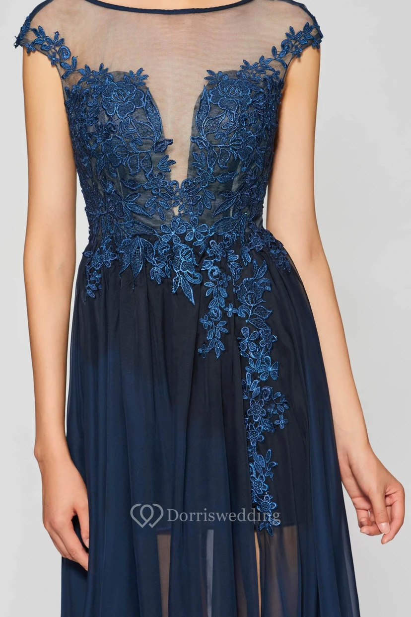 A-line Sexy Split Front Bateau Chiffon Gown With Lace Appliques And Deep V-back view 4