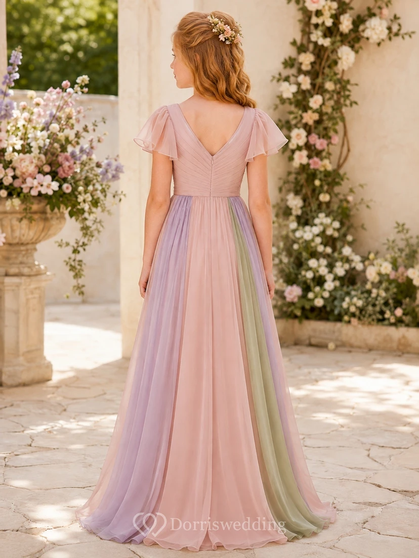 Zartrosa Brautjungfernkleid, A-Linie, V-Ausschnitt, kurze Puffärmel, Schärpe/Band, elegant view 2