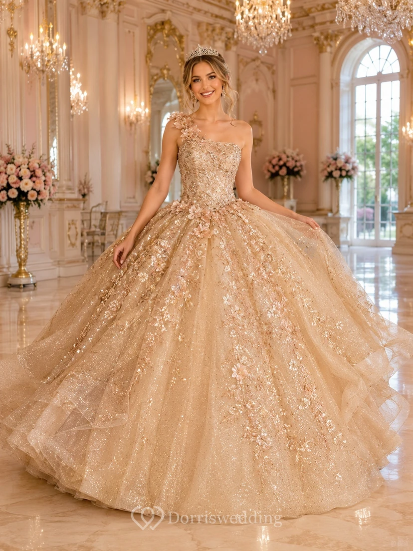 Goldbesetztes, einseitig schulterfreies Ballkleid aus Tüll mit Pailletten und Blumenmuster, Quinceañera-Kleid