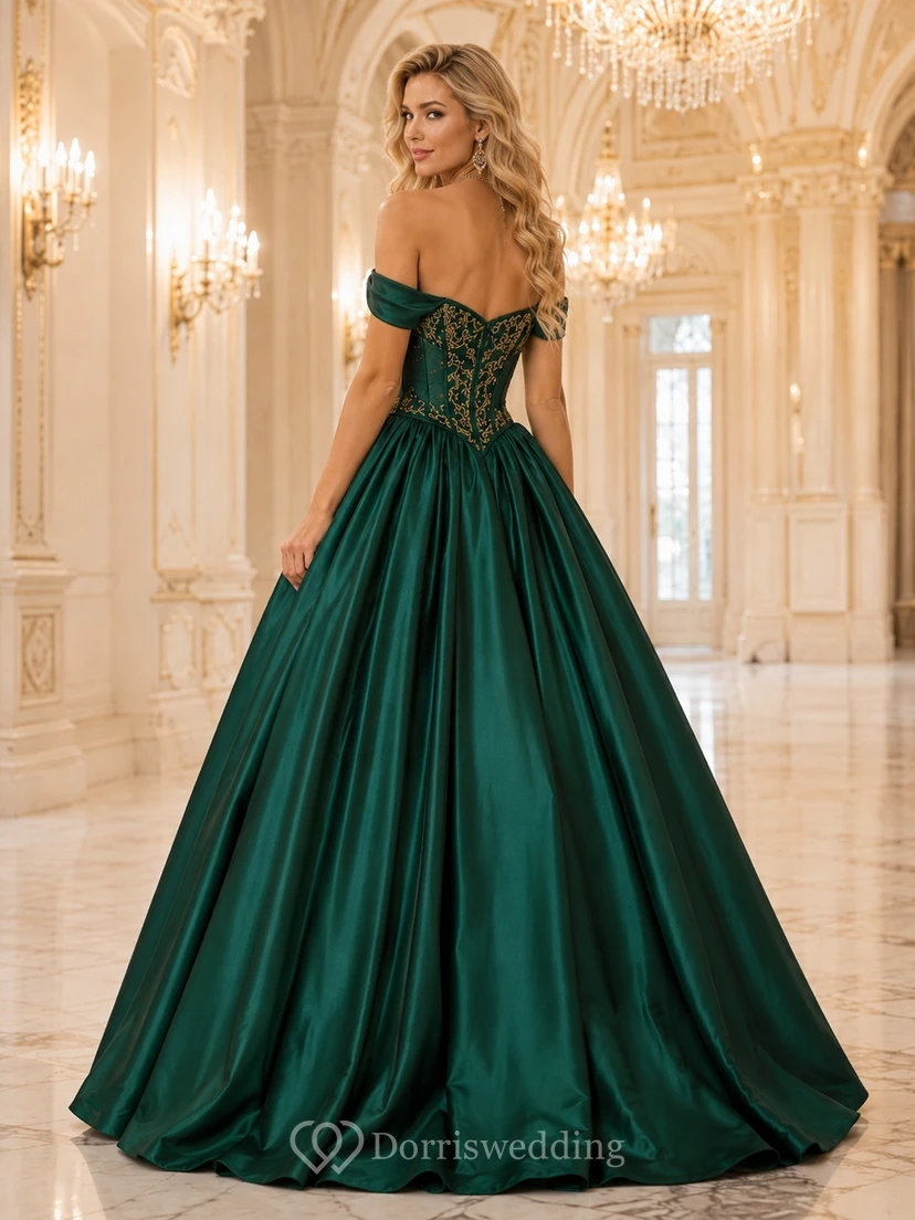 Emerald Off-the-shoulder Satin Corset Ball Gown Floor-length Masquerade Formal Dress view 2