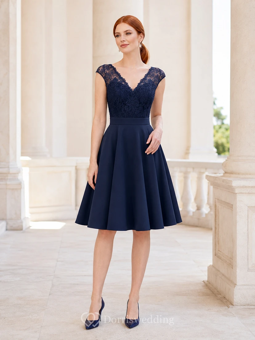 Dark Navy V-Neck Cap Sleeve A-Line Dress