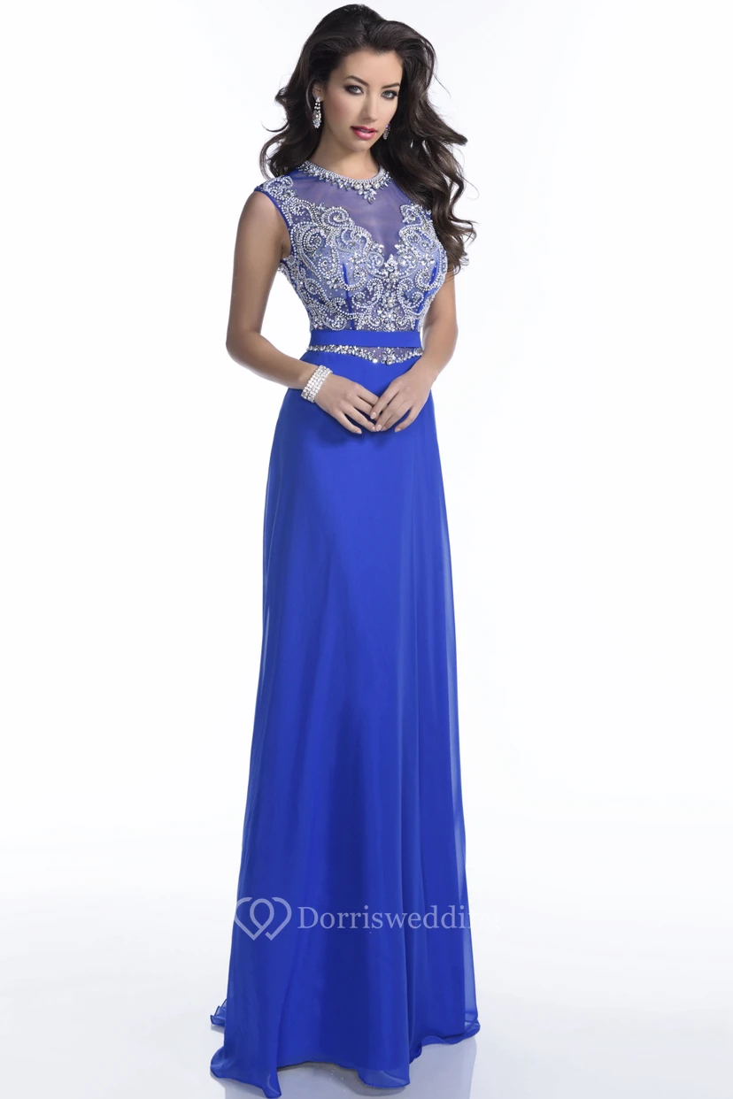 Ärmelloses Chiffon-Abendkleid in A-Linie mit Schmuckbesatz an der Taille und Applikationen