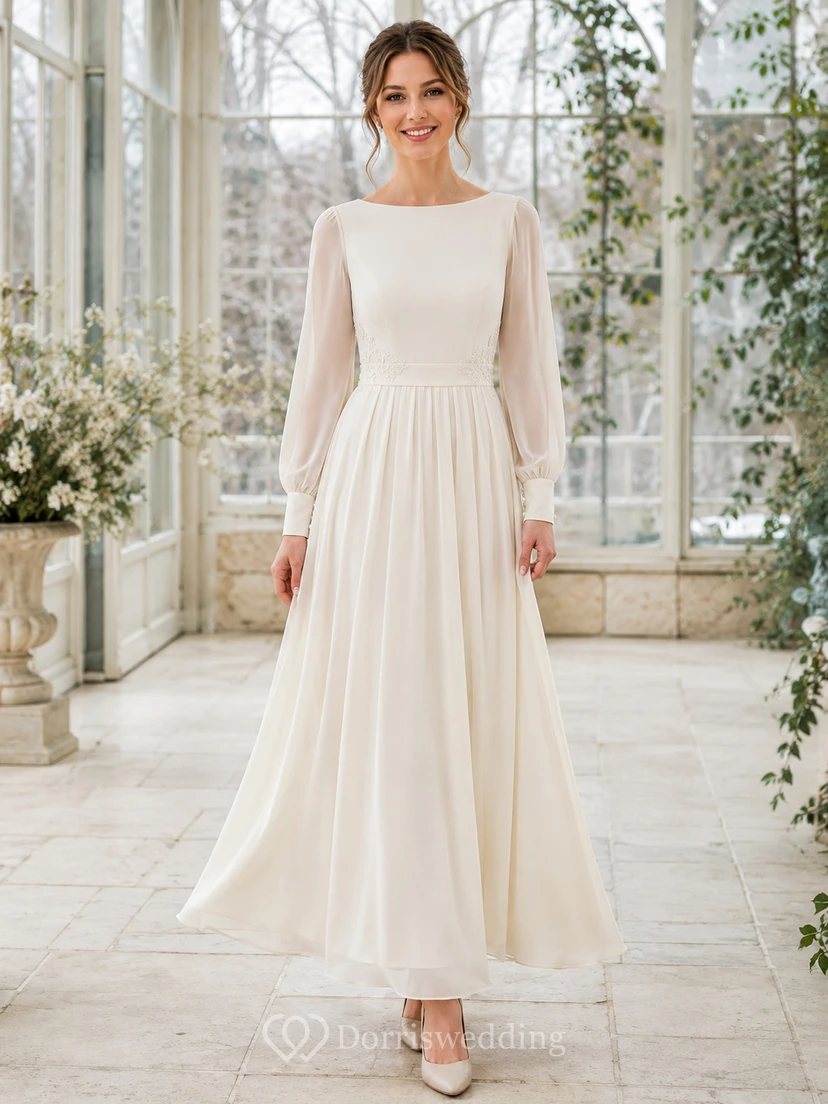Modest Civil Chiffon A Line Bateau Long Poet Sleeve Ankle Wedding Dress