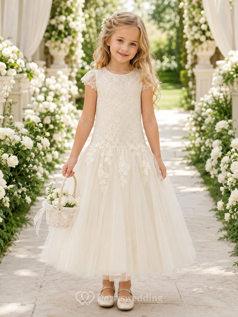 Vestido de niña de flores color marfil con cintura baja, corte en A, encaje y tul, sin mangas, cuello joya, largo midi, ideal para ceremonias en el jardín.
