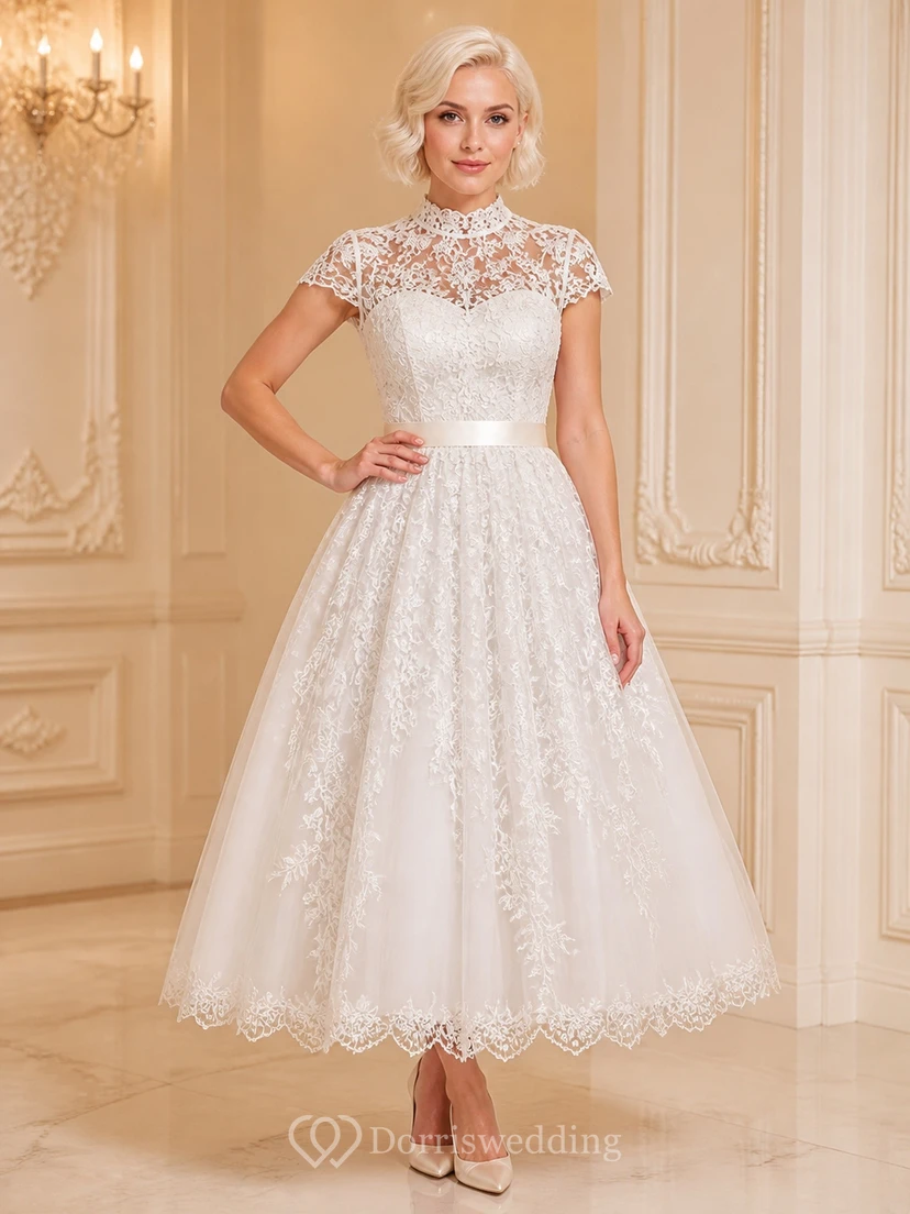 Modest Mother Tea-length A-Line High Neck Cap Sleeve Dress