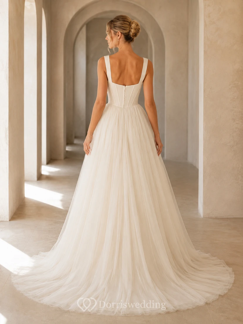 Robe de mariée champagne à col carré sans manches corset en tulle trapèze view 2