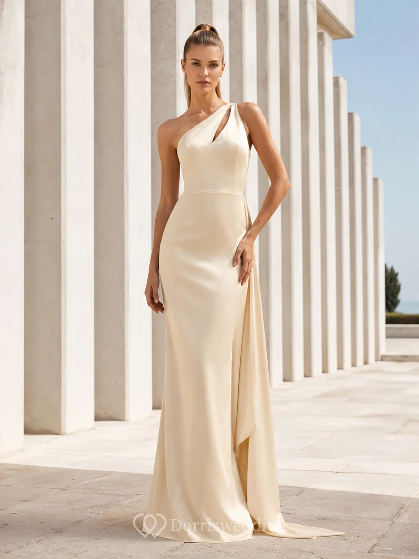 Sleek Asymmetric One Shoulder Minimalist Column Architecture Gown