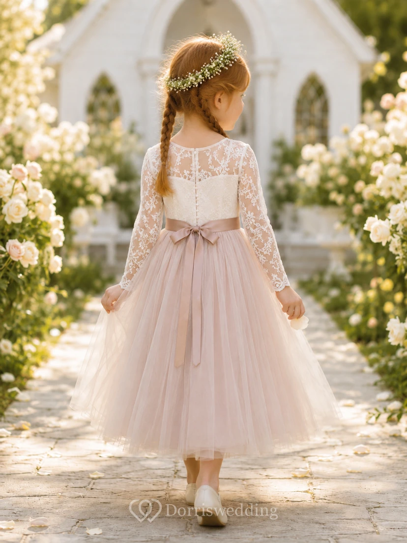 Blush Flower Girl Dress Tea-Length Lace Tulle A-Line Illusion Jewel Long Sleeve Button Back Satin Bow view 2