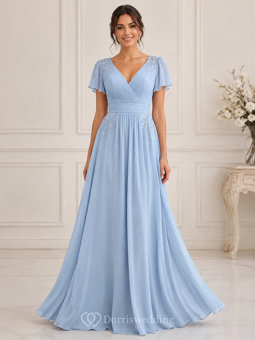 A-Line Mother of the Bride Dress with V-neck, Short Sleeve and Pleats, Floor Length