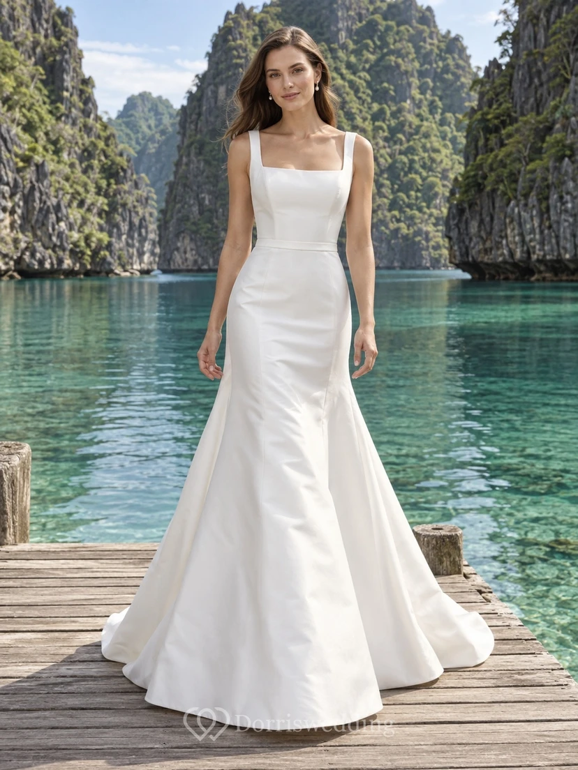 Einfaches Brautkleid im Meerjungfrauenstil mit eckigem Ausschnitt, breiten Trägern und Satin